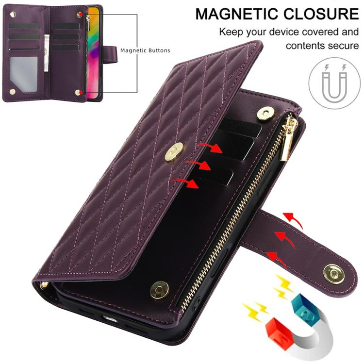 YM016 Rhombic Zipper Card Wallet Leather Phone Case with Lanyard, For iPhone 16 Pro, For iPhone 16 Plus, For iPhone 16