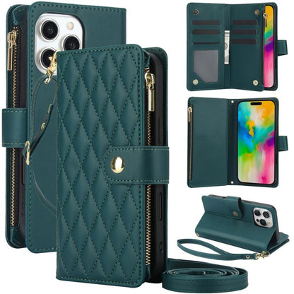 YM016 Rhombic Zipper Card Wallet Leather Phone Case with Lanyard, For iPhone 16 Pro, For iPhone 16 Plus, For iPhone 16
