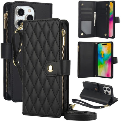 YM016 Rhombic Zipper Card Wallet Leather Phone Case with Lanyard, For iPhone 16 Pro, For iPhone 16 Plus, For iPhone 16