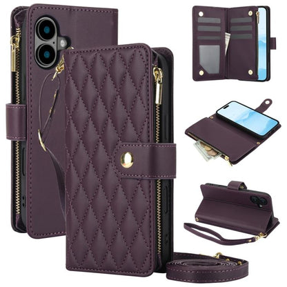YM016 Rhombic Zipper Card Wallet Leather Phone Case with Lanyard, For iPhone 16 Pro, For iPhone 16 Plus, For iPhone 16
