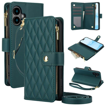 YM016 Rhombic Zipper Card Wallet Leather Phone Case with Lanyard, For iPhone 16 Pro, For iPhone 16 Plus, For iPhone 16