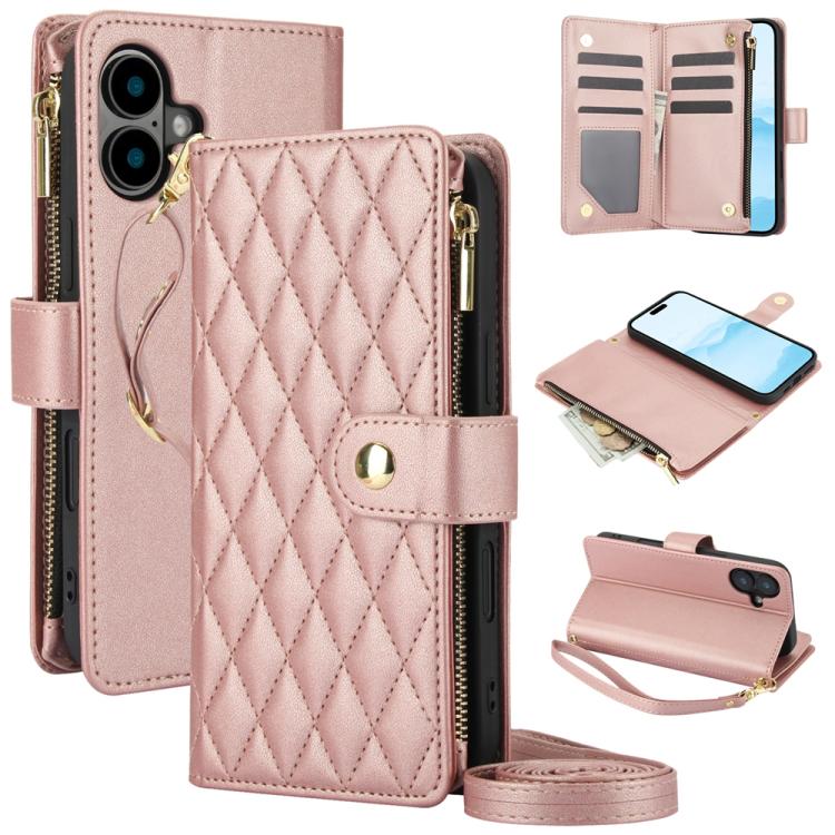 YM016 Rhombic Zipper Card Wallet Leather Phone Case with Lanyard, For iPhone 16 Pro, For iPhone 16 Plus, For iPhone 16