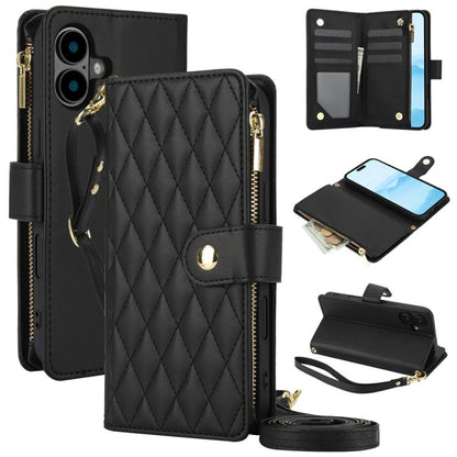 YM016 Rhombic Zipper Card Wallet Leather Phone Case with Lanyard, For iPhone 16 Pro, For iPhone 16 Plus, For iPhone 16