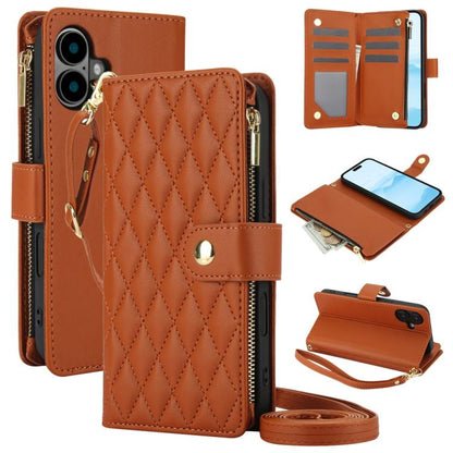 YM016 Rhombic Zipper Card Wallet Leather Phone Case with Lanyard, For iPhone 16 Pro, For iPhone 16 Plus, For iPhone 16