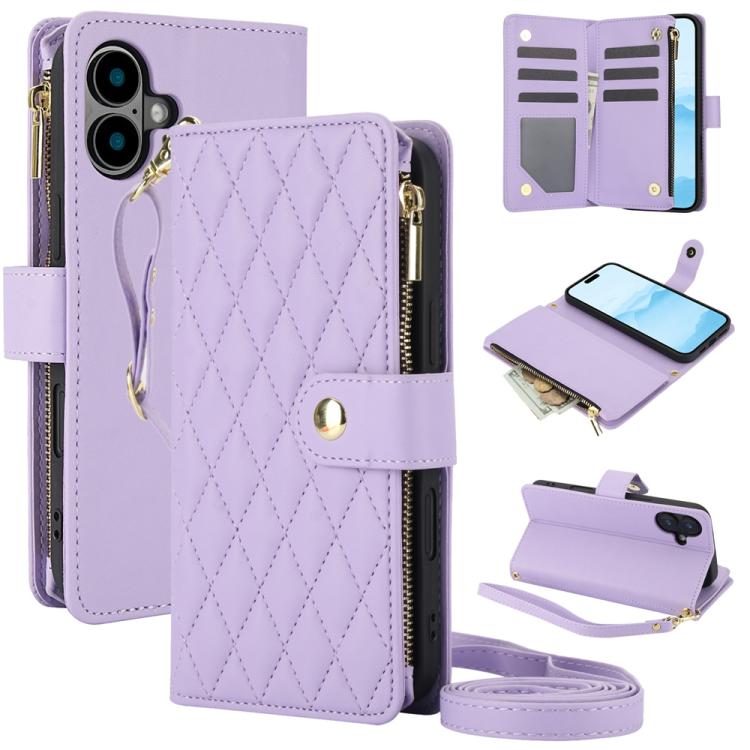 YM016 Rhombic Zipper Card Wallet Leather Phone Case with Lanyard, For iPhone 16 Pro, For iPhone 16 Plus, For iPhone 16