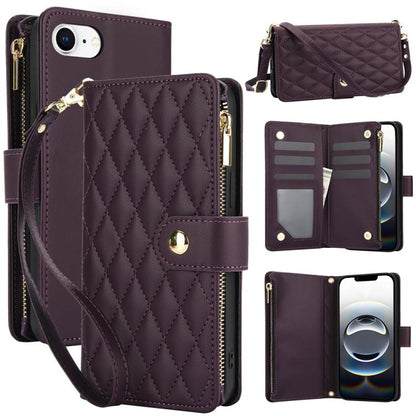 YM016 Rhombic Zipper Card Wallet Leather Phone Case with Lanyard, For iPhone Air, For iPhone 16e, For iPhone 16 Pro Max