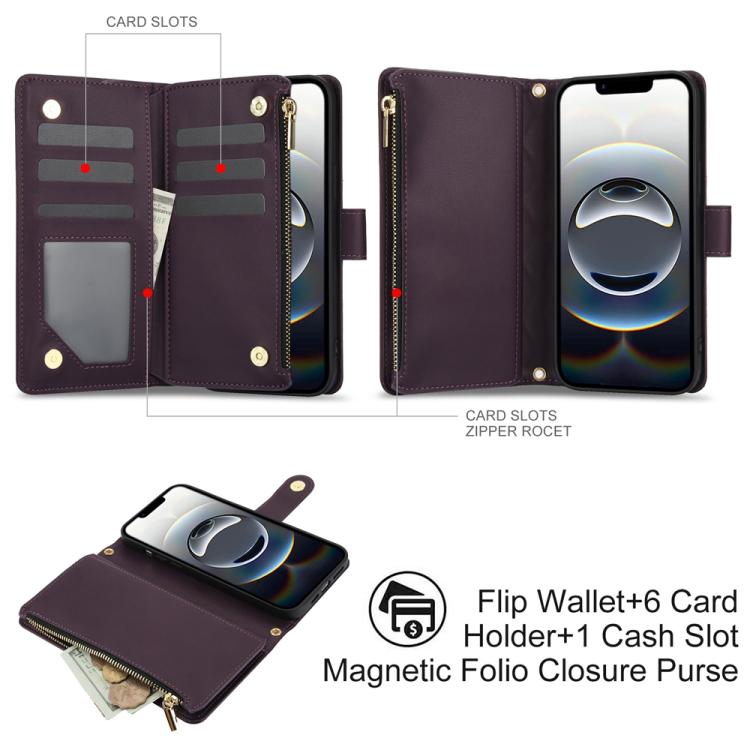 YM016 Rhombic Zipper Card Wallet Leather Phone Case with Lanyard, For iPhone 17e / 16e, For iPhone 17 Pro Max, For iPhone 17 Pro