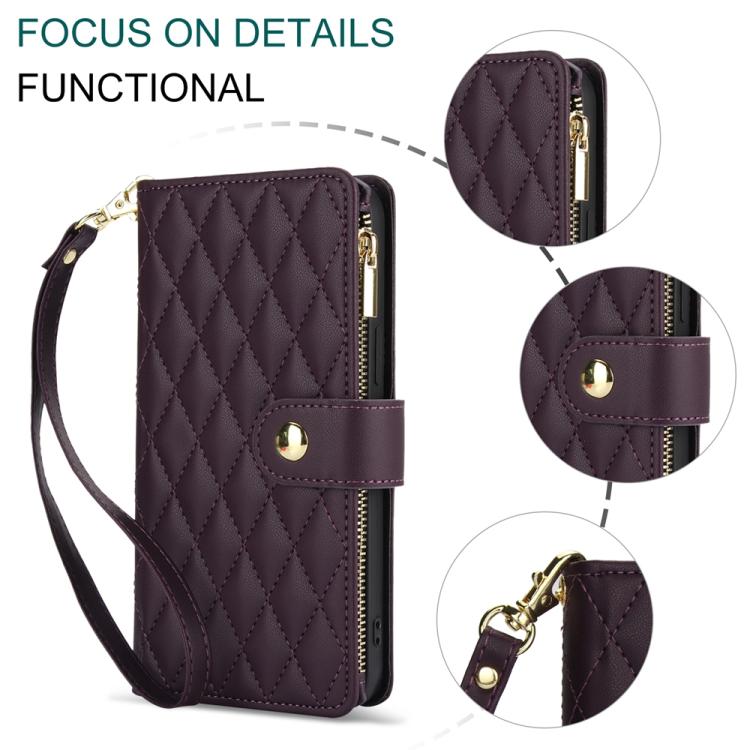 YM016 Rhombic Zipper Card Wallet Leather Phone Case with Lanyard, For iPhone 17e / 16e, For iPhone 17 Pro Max, For iPhone 17 Pro