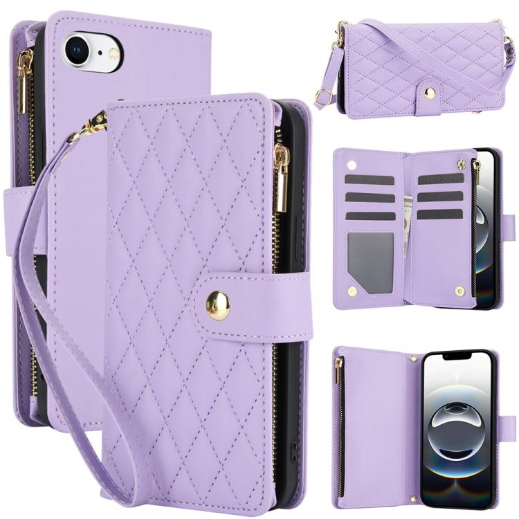 YM016 Rhombic Zipper Card Wallet Leather Phone Case with Lanyard, For iPhone 17e / 16e, For iPhone 17 Pro Max, For iPhone 17 Pro