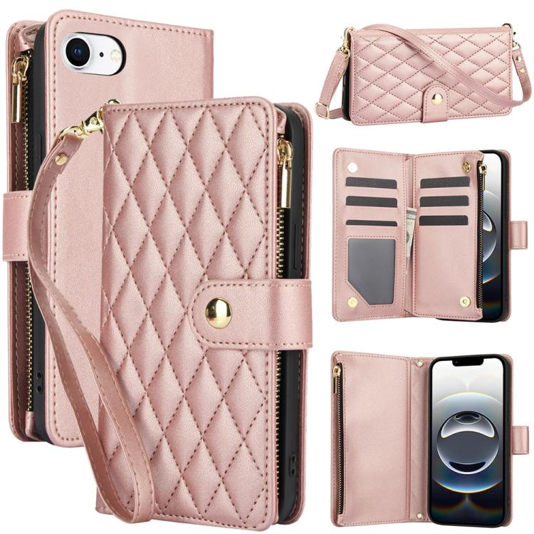 YM016 Rhombic Zipper Card Wallet Leather Phone Case with Lanyard, For iPhone Air, For iPhone 16e, For iPhone 16 Pro Max