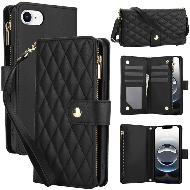 YM016 Rhombic Zipper Card Wallet Leather Phone Case with Lanyard, For iPhone Air, For iPhone 16e, For iPhone 16 Pro Max
