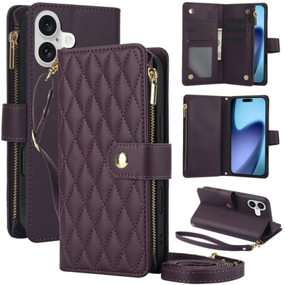 YM016 Rhombic Zipper Card Wallet Leather Phone Case with Lanyard, For iPhone 17, For iPhone Air, For iPhone 16 Pro Max