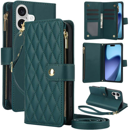 YM016 Rhombic Zipper Card Wallet Leather Phone Case with Lanyard, For iPhone 17, For iPhone Air, For iPhone 16 Pro Max