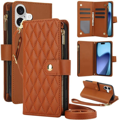 YM016 Rhombic Zipper Card Wallet Leather Phone Case with Lanyard, For iPhone 17, For iPhone Air, For iPhone 16 Pro Max