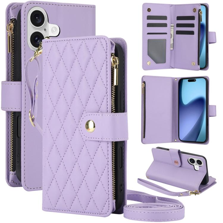 YM016 Rhombic Zipper Card Wallet Leather Phone Case with Lanyard, For iPhone 17, For iPhone Air, For iPhone 16 Pro Max