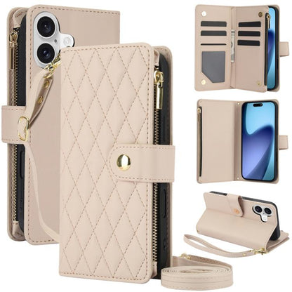 YM016 Rhombic Zipper Card Wallet Leather Phone Case with Lanyard, For iPhone 17, For iPhone Air, For iPhone 16 Pro Max