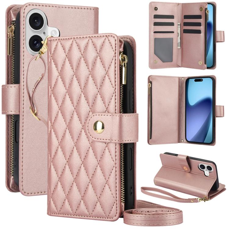 YM016 Rhombic Zipper Card Wallet Leather Phone Case with Lanyard, For iPhone 17, For iPhone Air, For iPhone 16 Pro Max