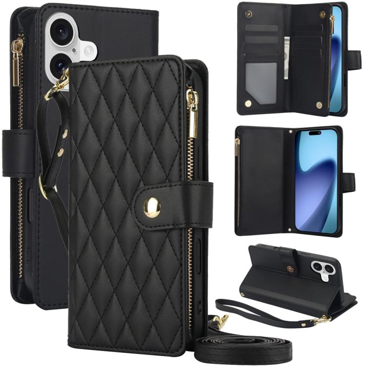 YM016 Rhombic Zipper Card Wallet Leather Phone Case with Lanyard, For iPhone 17, For iPhone Air, For iPhone 16 Pro Max