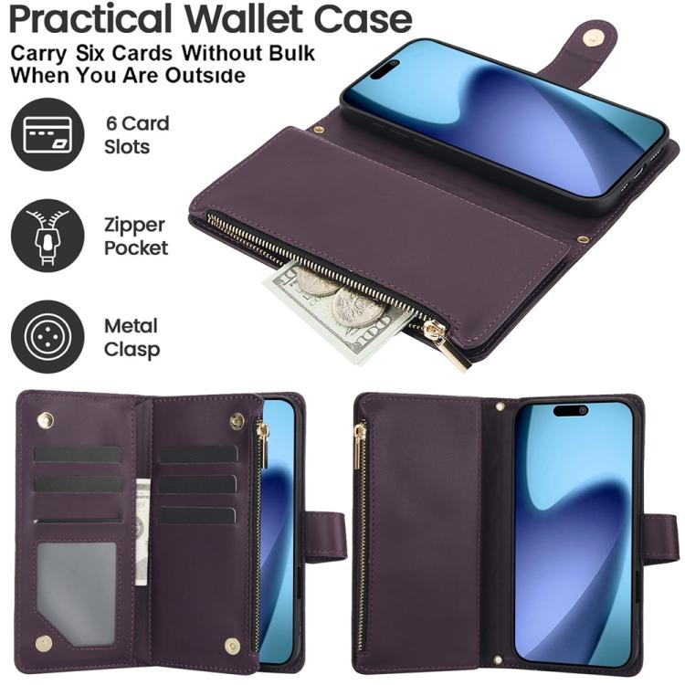 YM016 Rhombic Zipper Card Wallet Leather Phone Case with Lanyard, For iPhone Air, For iPhone 16e, For iPhone 16 Pro Max