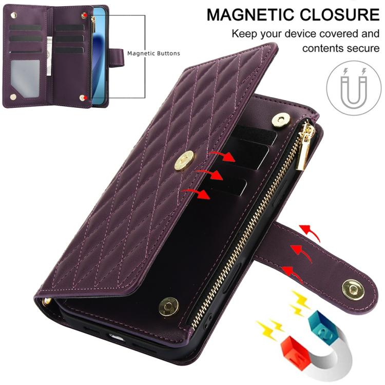 YM016 Rhombic Zipper Card Wallet Leather Phone Case with Lanyard, For iPhone Air, For iPhone 16e, For iPhone 16 Pro Max
