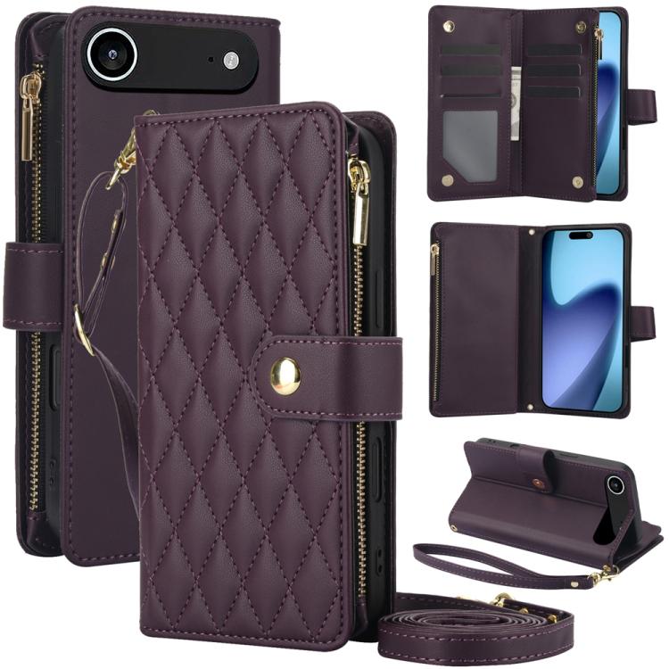 YM016 Rhombic Zipper Card Wallet Leather Phone Case with Lanyard, For iPhone Air, For iPhone 16e, For iPhone 16 Pro Max