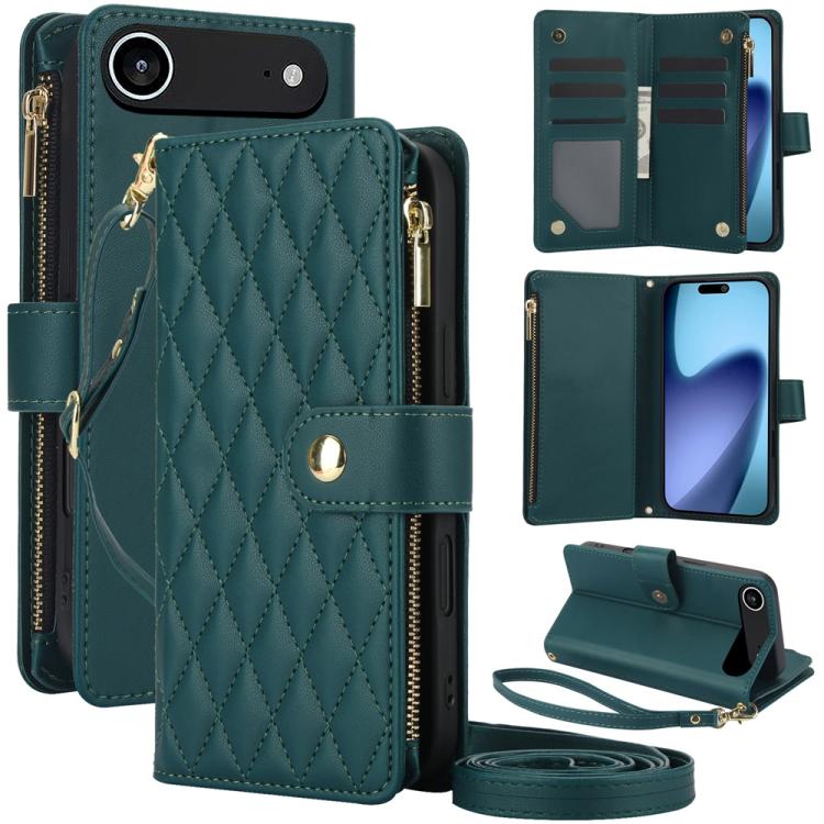 YM016 Rhombic Zipper Card Wallet Leather Phone Case with Lanyard, For iPhone Air, For iPhone 16e, For iPhone 16 Pro Max