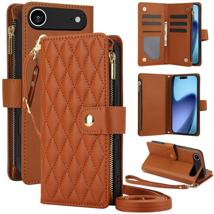 YM016 Rhombic Zipper Card Wallet Leather Phone Case with Lanyard, For iPhone 17, For iPhone Air, For iPhone 16 Pro Max