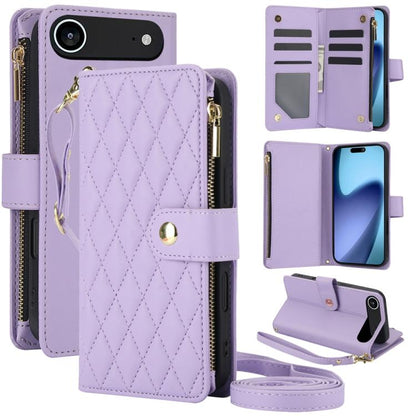 YM016 Rhombic Zipper Card Wallet Leather Phone Case with Lanyard, For iPhone Air, For iPhone 16e, For iPhone 16 Pro Max