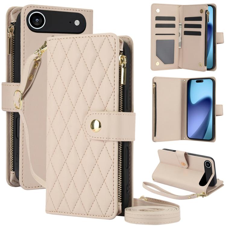 YM016 Rhombic Zipper Card Wallet Leather Phone Case with Lanyard, For iPhone 17, For iPhone Air, For iPhone 16 Pro Max