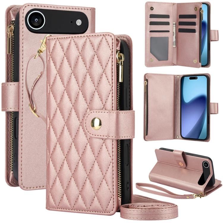YM016 Rhombic Zipper Card Wallet Leather Phone Case with Lanyard, For iPhone Air, For iPhone 16e, For iPhone 16 Pro Max