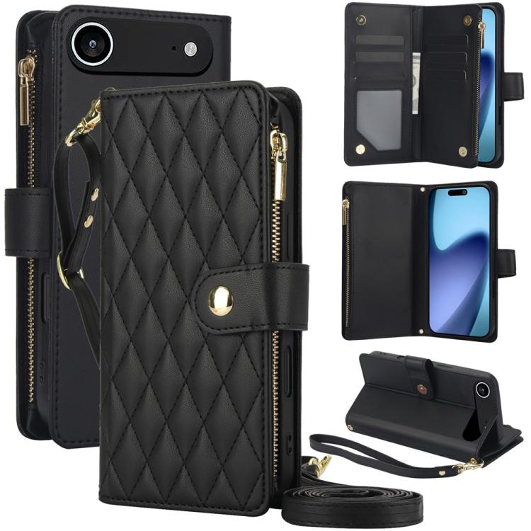 YM016 Rhombic Zipper Card Wallet Leather Phone Case with Lanyard, For iPhone 17, For iPhone Air, For iPhone 16 Pro Max