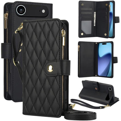 YM016 Rhombic Zipper Card Wallet Leather Phone Case with Lanyard, For iPhone Air, For iPhone 16e, For iPhone 16 Pro Max