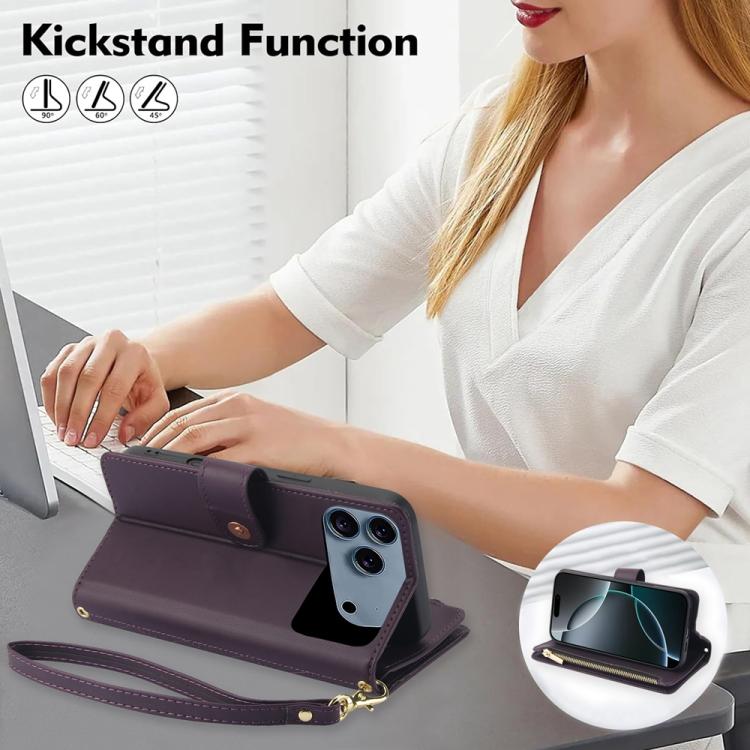 YM016 Rhombic Zipper Card Wallet Leather Phone Case with Lanyard