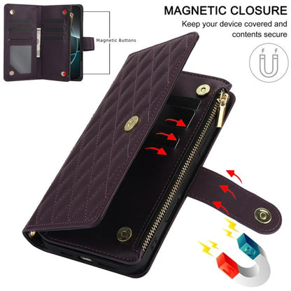 YM016 Rhombic Zipper Card Wallet Leather Phone Case with Lanyard