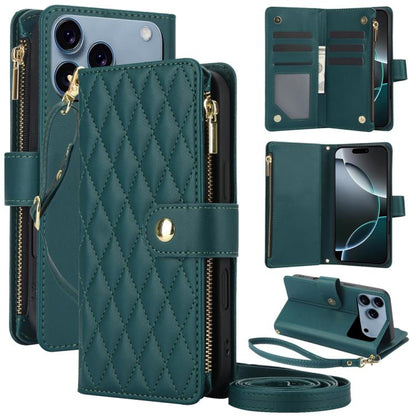 YM016 Rhombic Zipper Card Wallet Leather Phone Case with Lanyard, For iPhone 17e / 16e, For iPhone 17 Pro Max, For iPhone 17 Pro