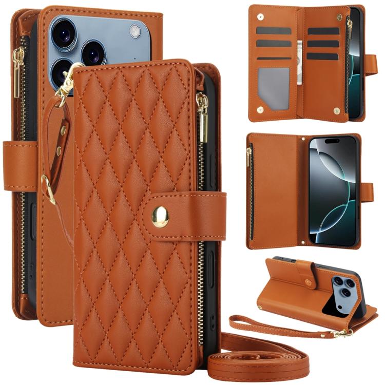 YM016 Rhombic Zipper Card Wallet Leather Phone Case with Lanyard