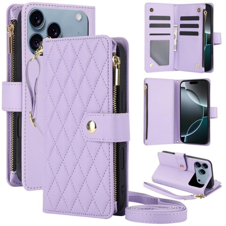 YM016 Rhombic Zipper Card Wallet Leather Phone Case with Lanyard