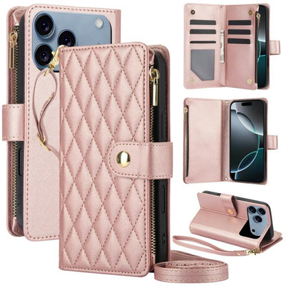 YM016 Rhombic Zipper Card Wallet Leather Phone Case with Lanyard, For iPhone 17e / 16e, For iPhone 17 Pro Max, For iPhone 17 Pro
