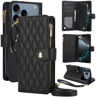 YM016 Rhombic Zipper Card Wallet Leather Phone Case with Lanyard, For iPhone 17e / 16e, For iPhone 17 Pro Max, For iPhone 17 Pro