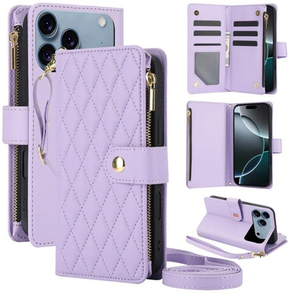 YM016 Rhombic Zipper Card Wallet Leather Phone Case with Lanyard, For iPhone 17e / 16e, For iPhone 17 Pro Max, For iPhone 17 Pro