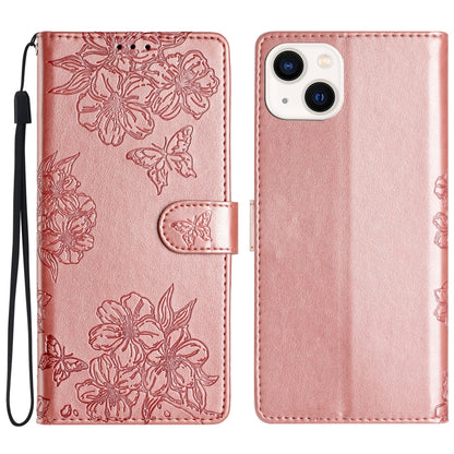 Cherry Blossom Butterfly Skin Feel Embossed PU Phone Case, For iPhone 15 Pro Max, For iPhone 15 Pro, For iPhone 15 Plus