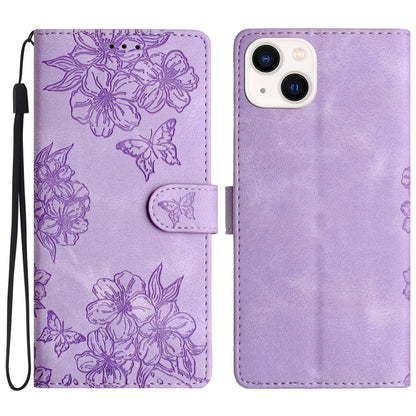 Cherry Blossom Butterfly Skin Feel Embossed PU Phone Case, For iPhone 15, For iPhone 14 Plus, For iPhone 14