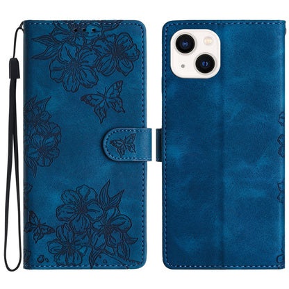 Cherry Blossom Butterfly Skin Feel Embossed PU Phone Case, For iPhone 15, For iPhone 14 Plus, For iPhone 14