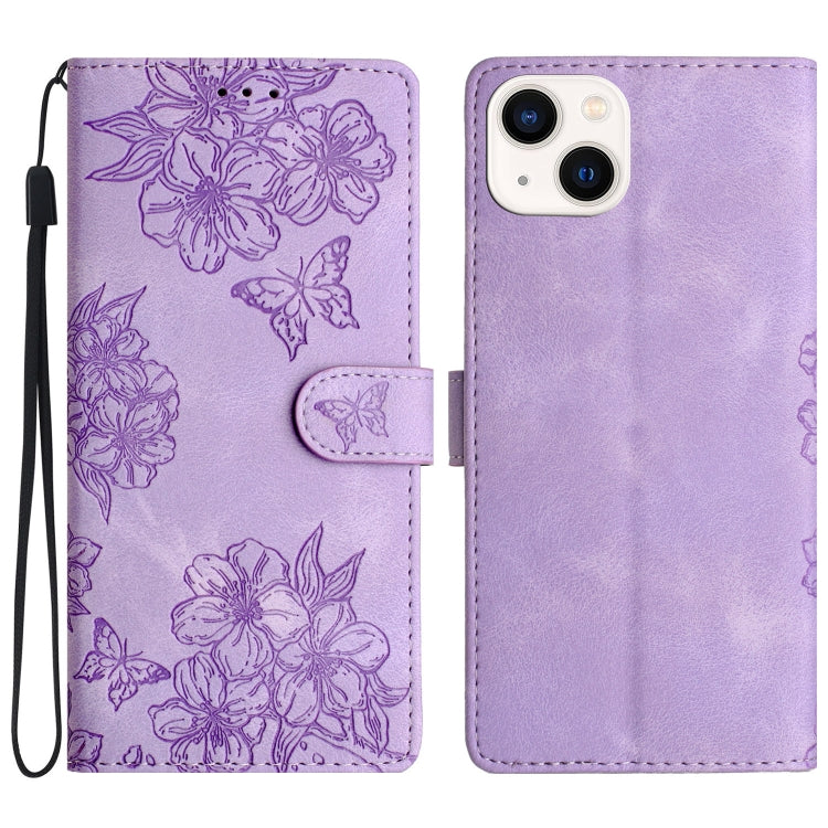 Cherry Blossom Butterfly Skin Feel Embossed PU Phone Case, For iPhone 15, For iPhone 14 Plus, For iPhone 14