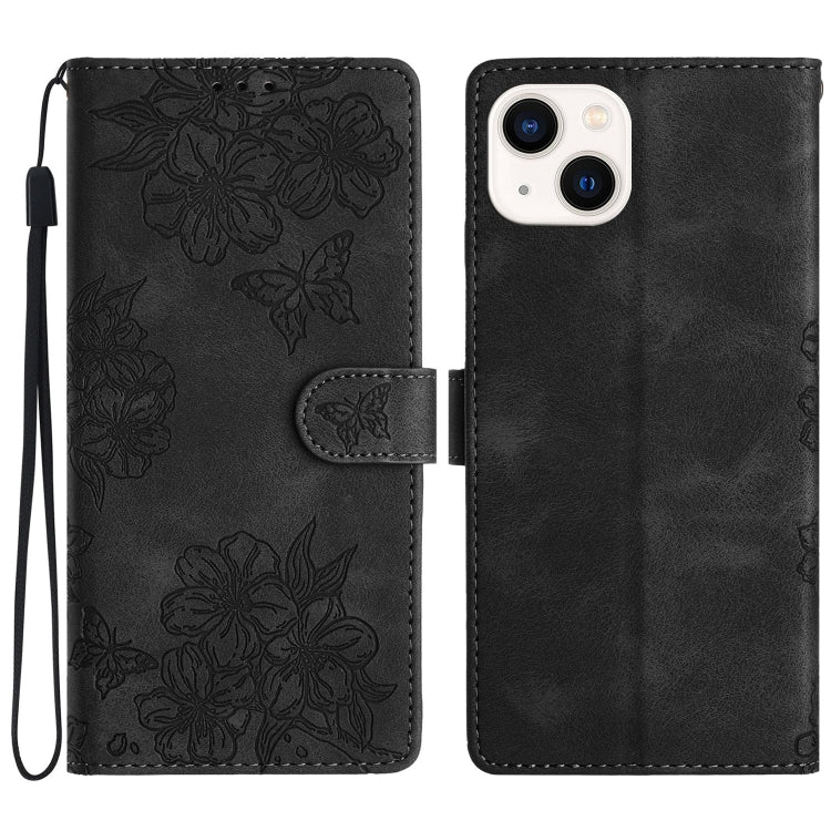 Cherry Blossom Butterfly Skin Feel Embossed PU Phone Case, For iPhone 15, For iPhone 14 Plus, For iPhone 14