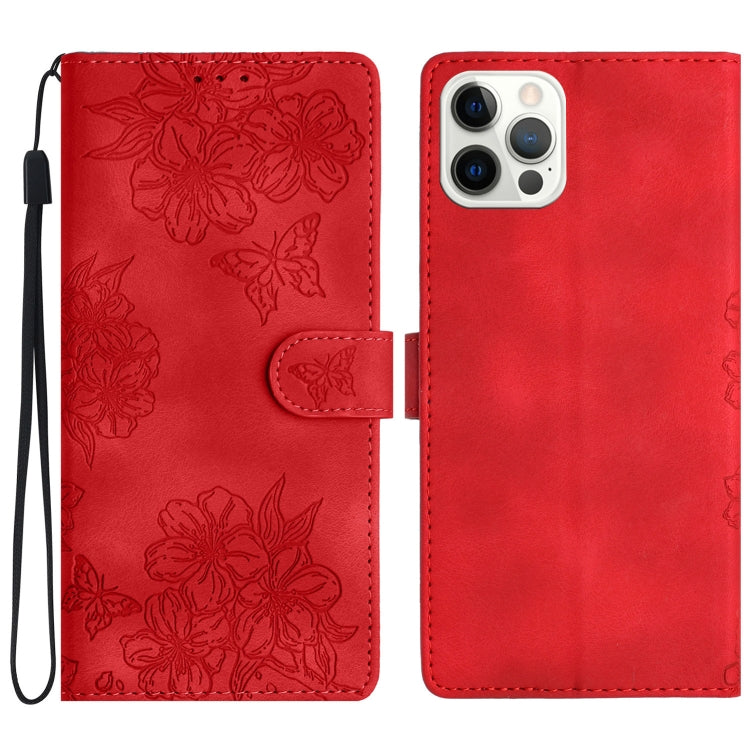 Cherry Blossom Butterfly Skin Feel Embossed PU Phone Case, For iPhone 14 Pro, For iPhone 14 Pro Max, For iPhone SE 2022 / SE 2020