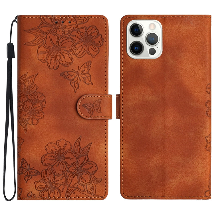 Cherry Blossom Butterfly Skin Feel Embossed PU Phone Case, For iPhone 14 Pro, For iPhone 14 Pro Max, For iPhone SE 2022 / SE 2020