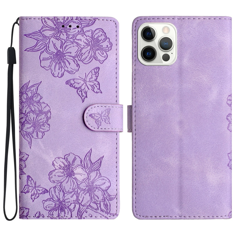 Cherry Blossom Butterfly Skin Feel Embossed PU Phone Case, For iPhone 14 Pro, For iPhone 14 Pro Max, For iPhone SE 2022 / SE 2020