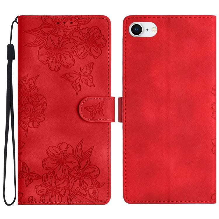 Cherry Blossom Butterfly Skin Feel Embossed PU Phone Case, For iPhone 14 Pro, For iPhone 14 Pro Max, For iPhone SE 2022 / SE 2020