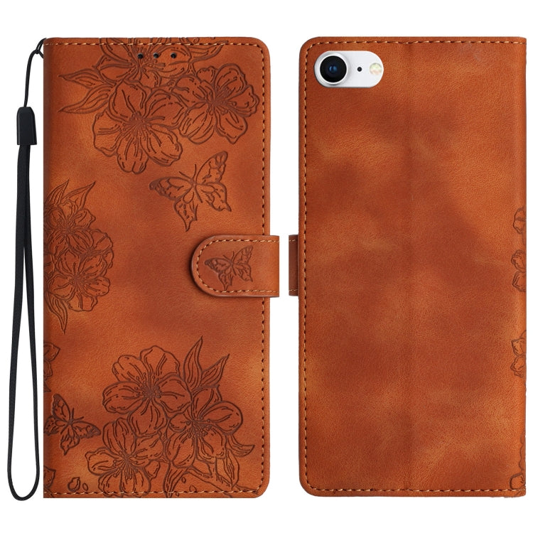 Cherry Blossom Butterfly Skin Feel Embossed PU Phone Case, For iPhone 14 Pro, For iPhone 14 Pro Max, For iPhone SE 2022 / SE 2020